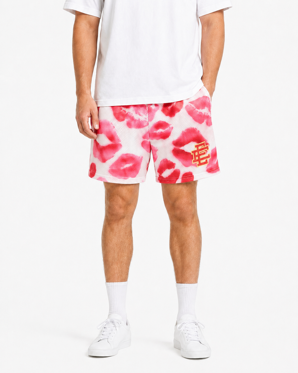 Pink Kisses mesh shorts - front angle view