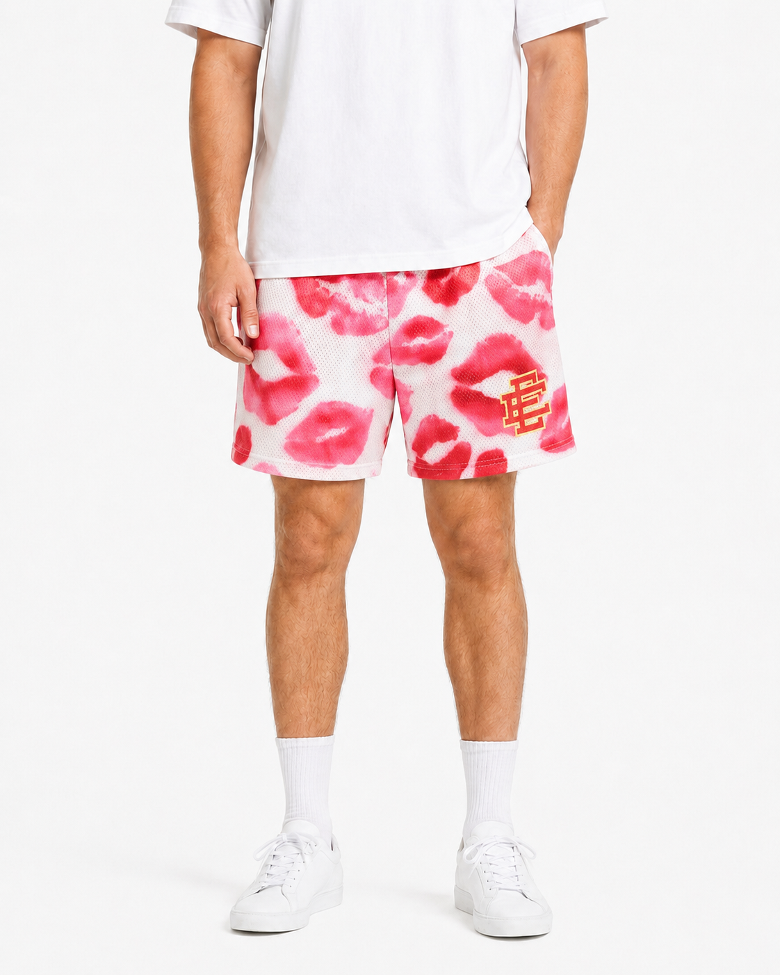 Pink Kisses mesh shorts - front angle view