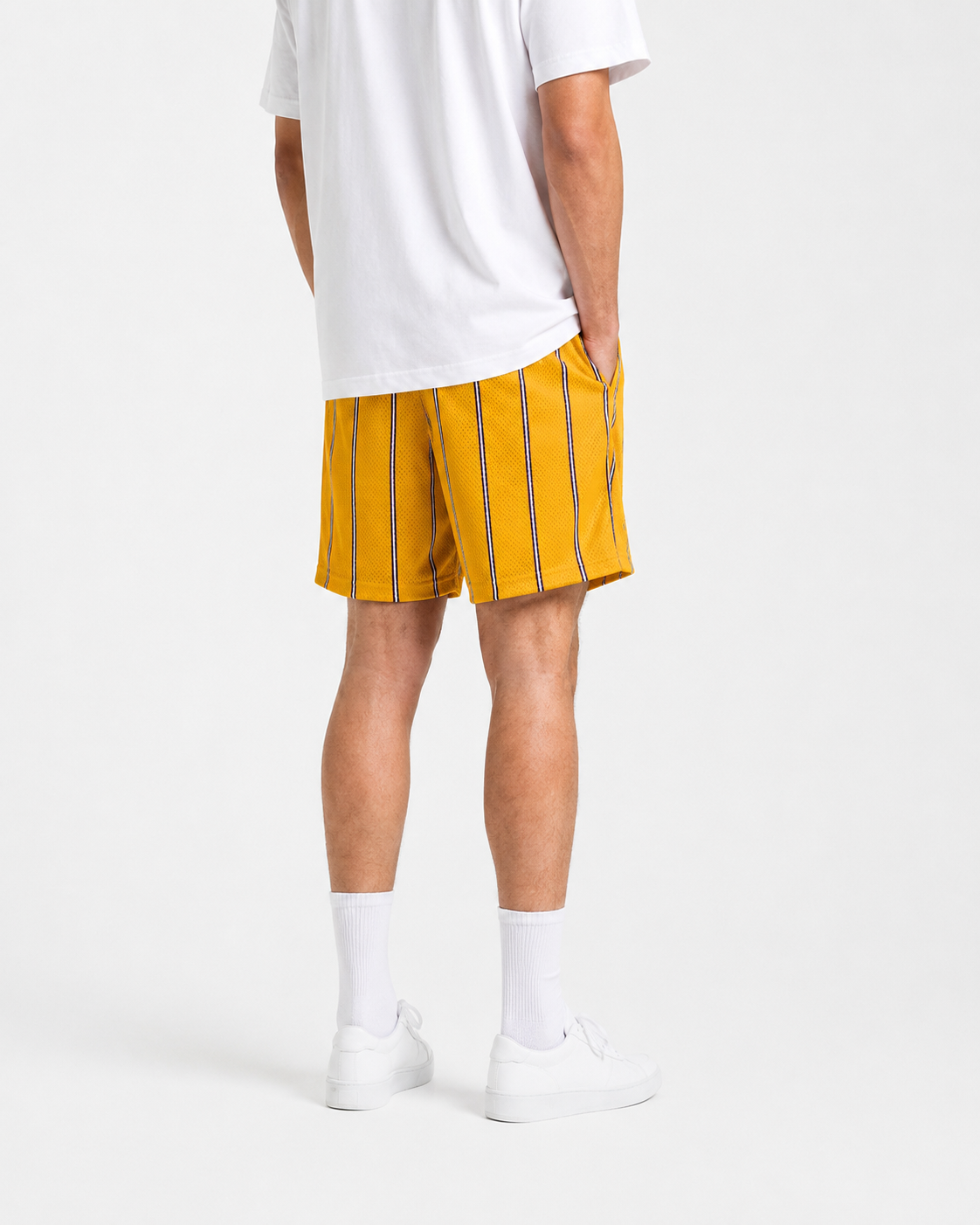 Gold Lakers Stripe mesh shorts - back angle view