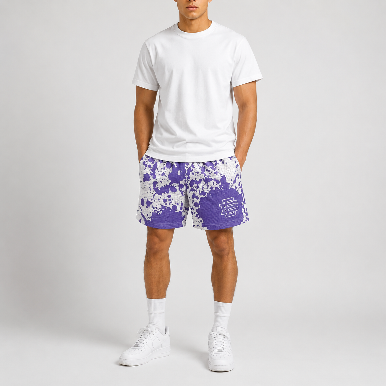 Purple Splash mesh shorts - front angle view