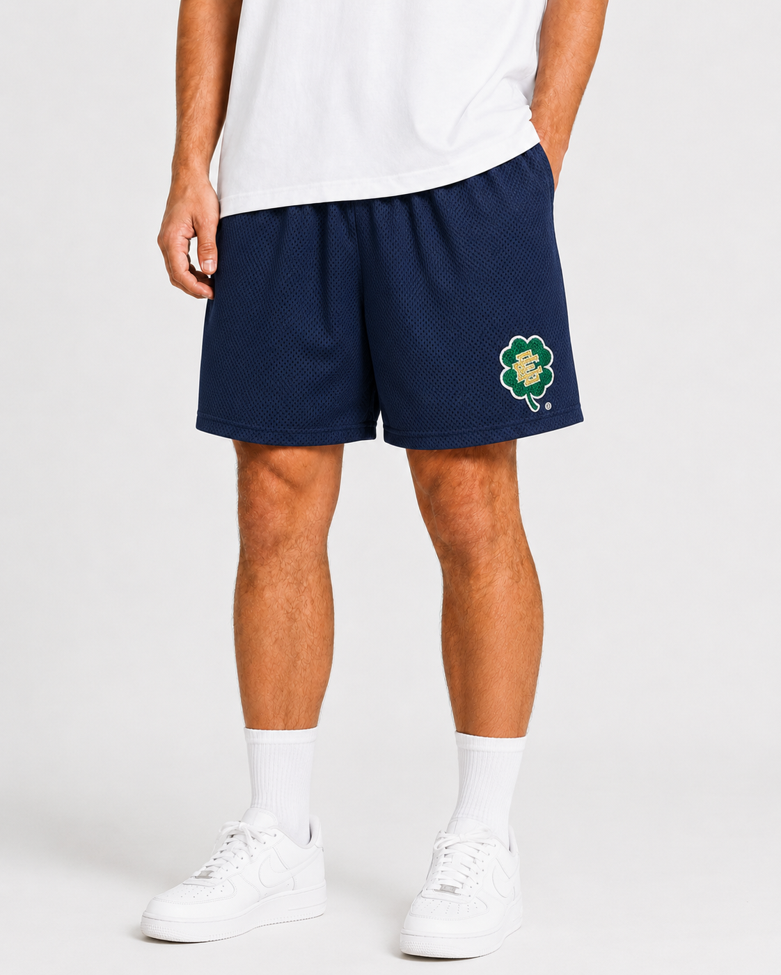 Navy Shamrock mesh shorts - side view