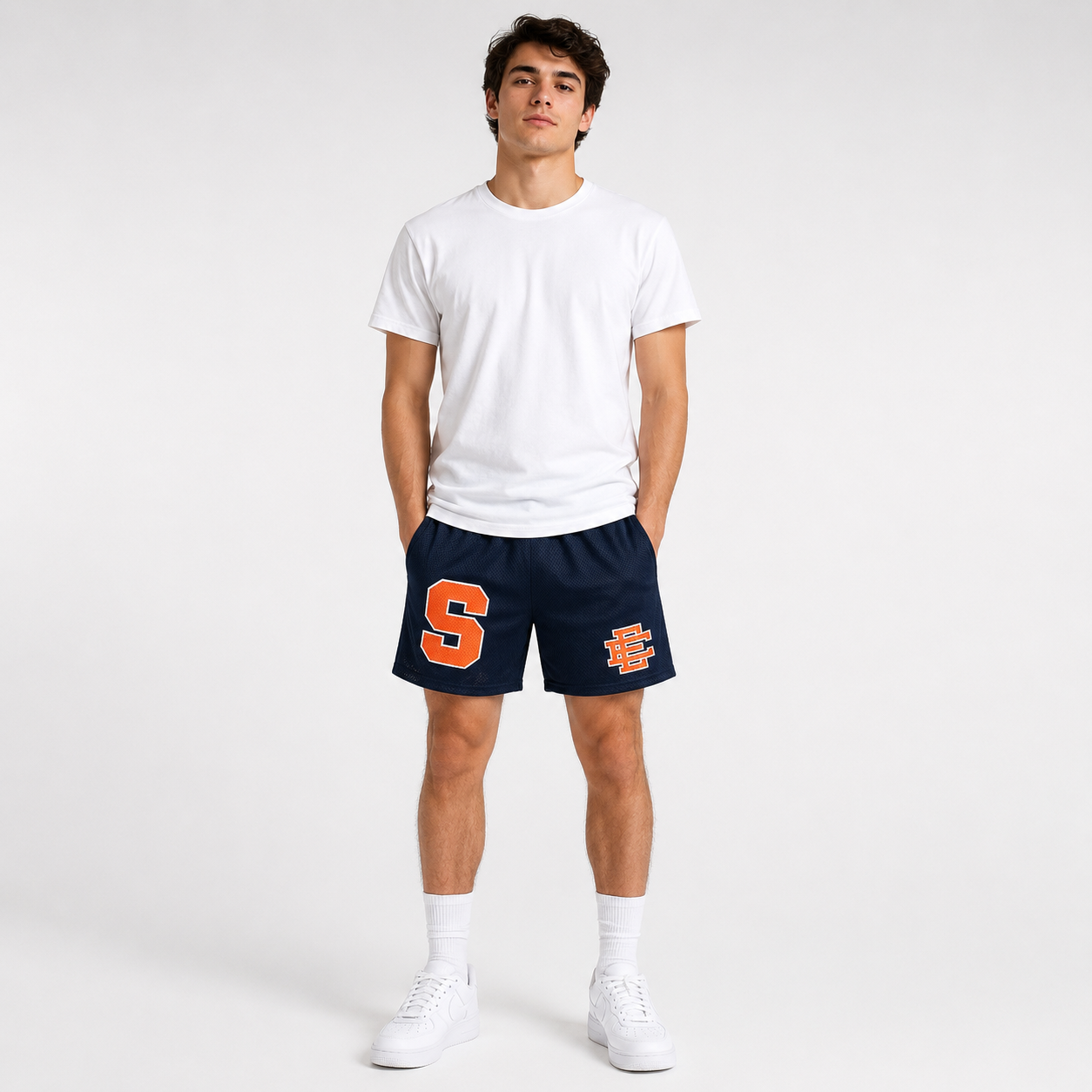 Syracuse Navy mesh shorts - front angle view