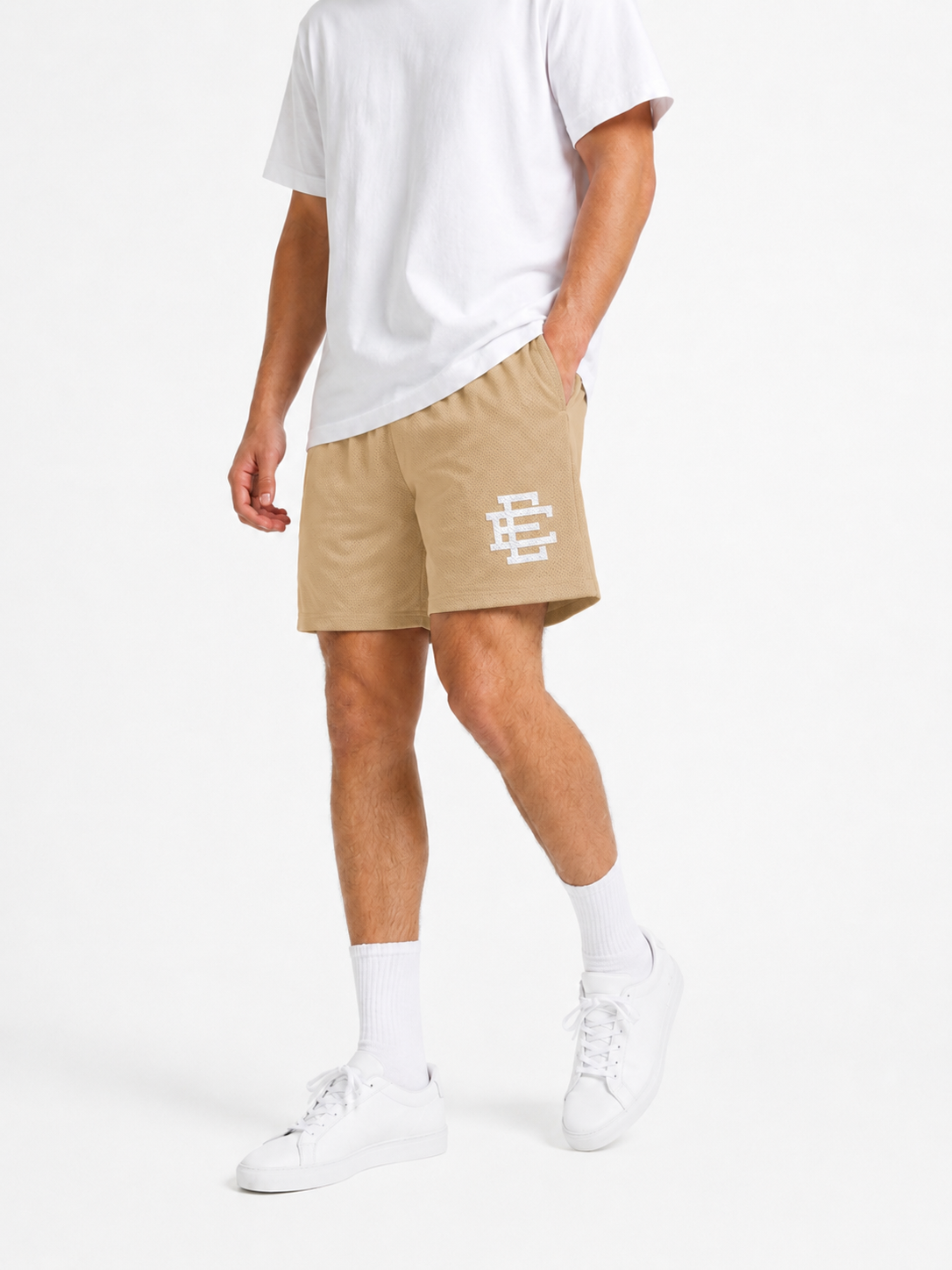 Sand Beige mesh shorts - front angle view