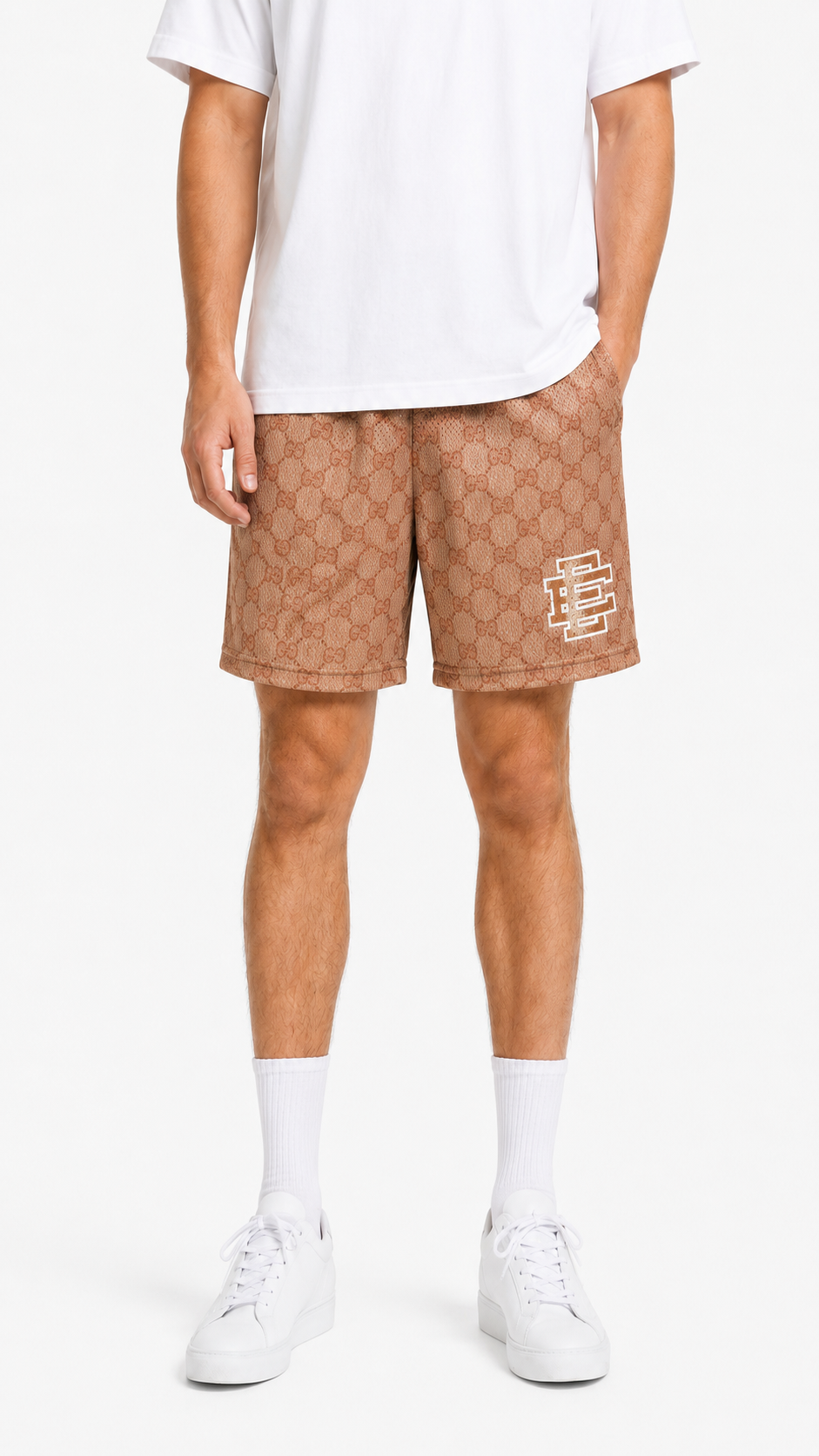 Tan Monogram mesh shorts - front angle view