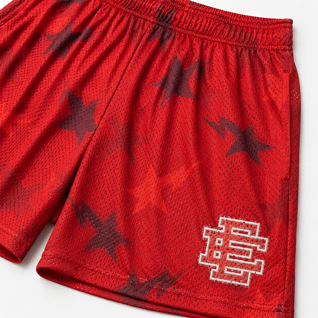 Crimson Starfall mesh shorts - detail view