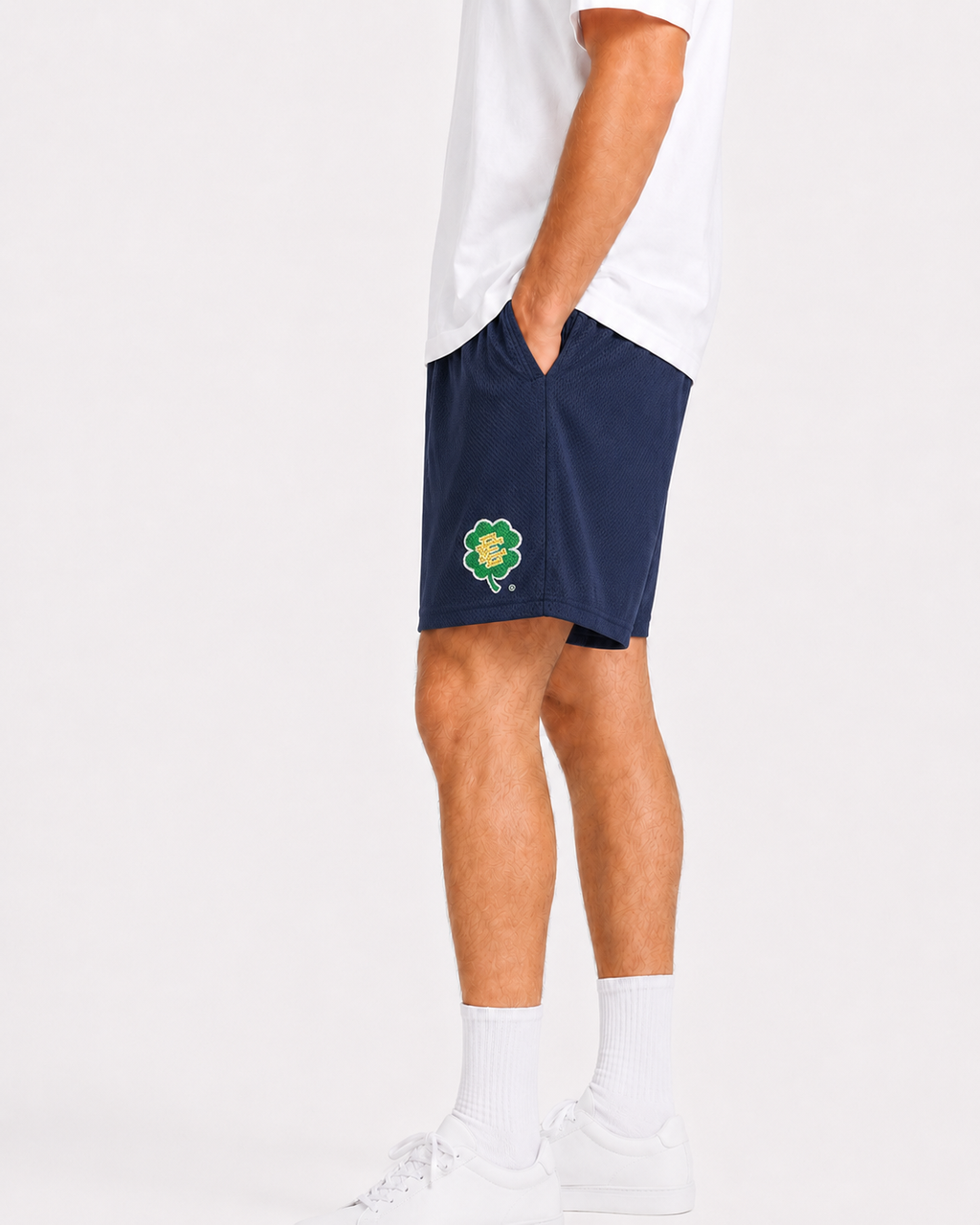 Navy Shamrock mesh shorts - front angle view