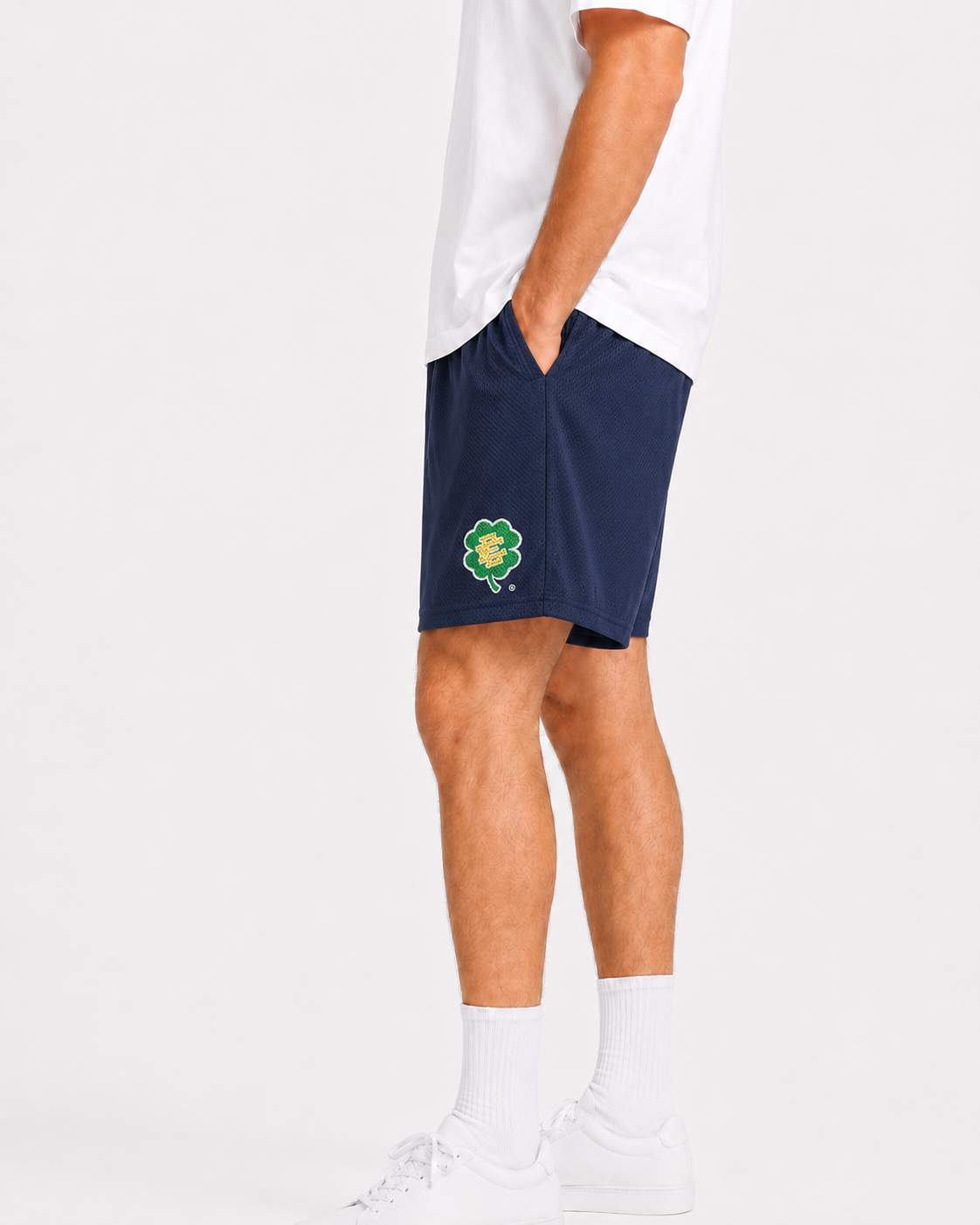 Navy Shamrock mesh shorts - front angle view