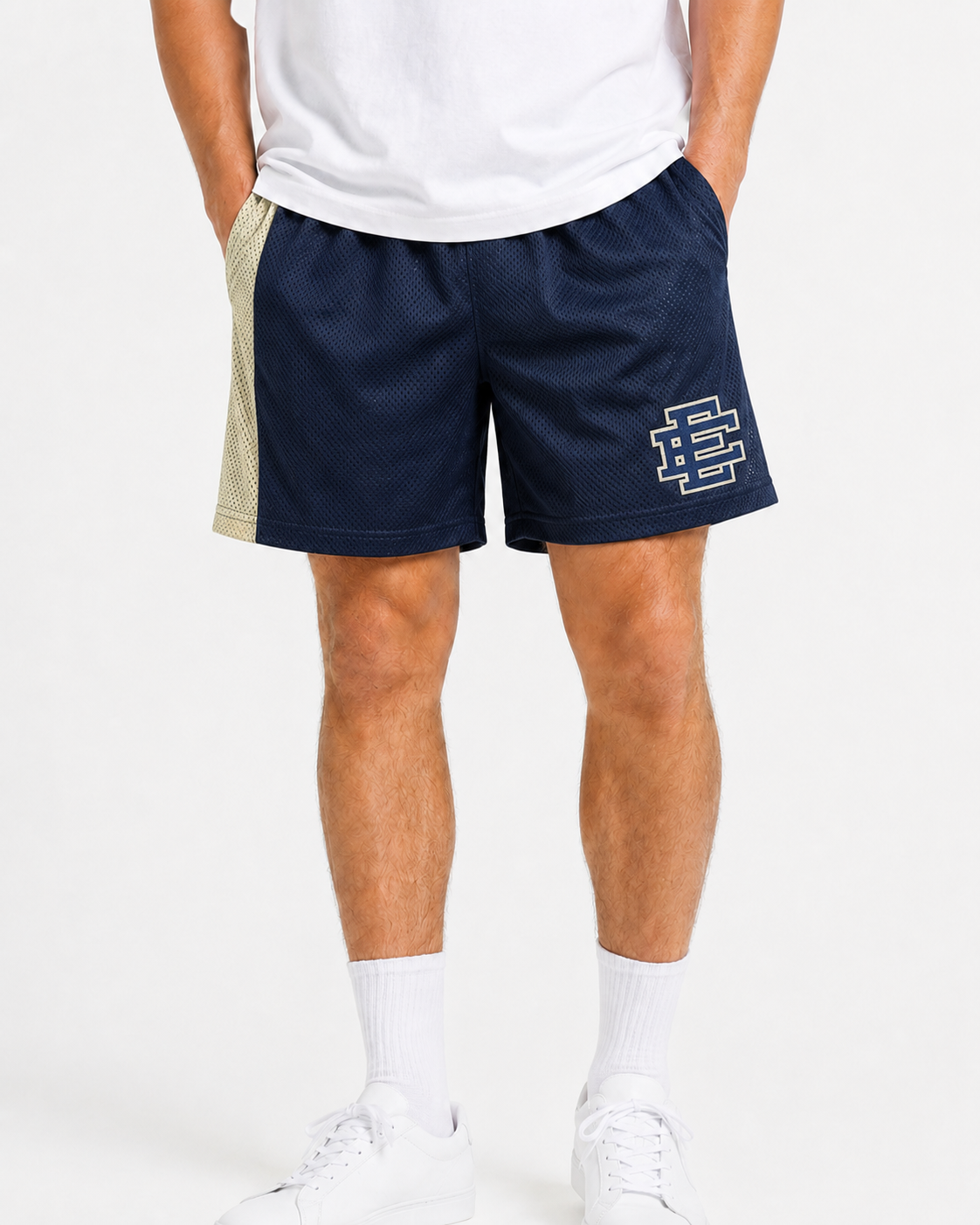 Navy Gold Side Stripe mesh shorts - side view