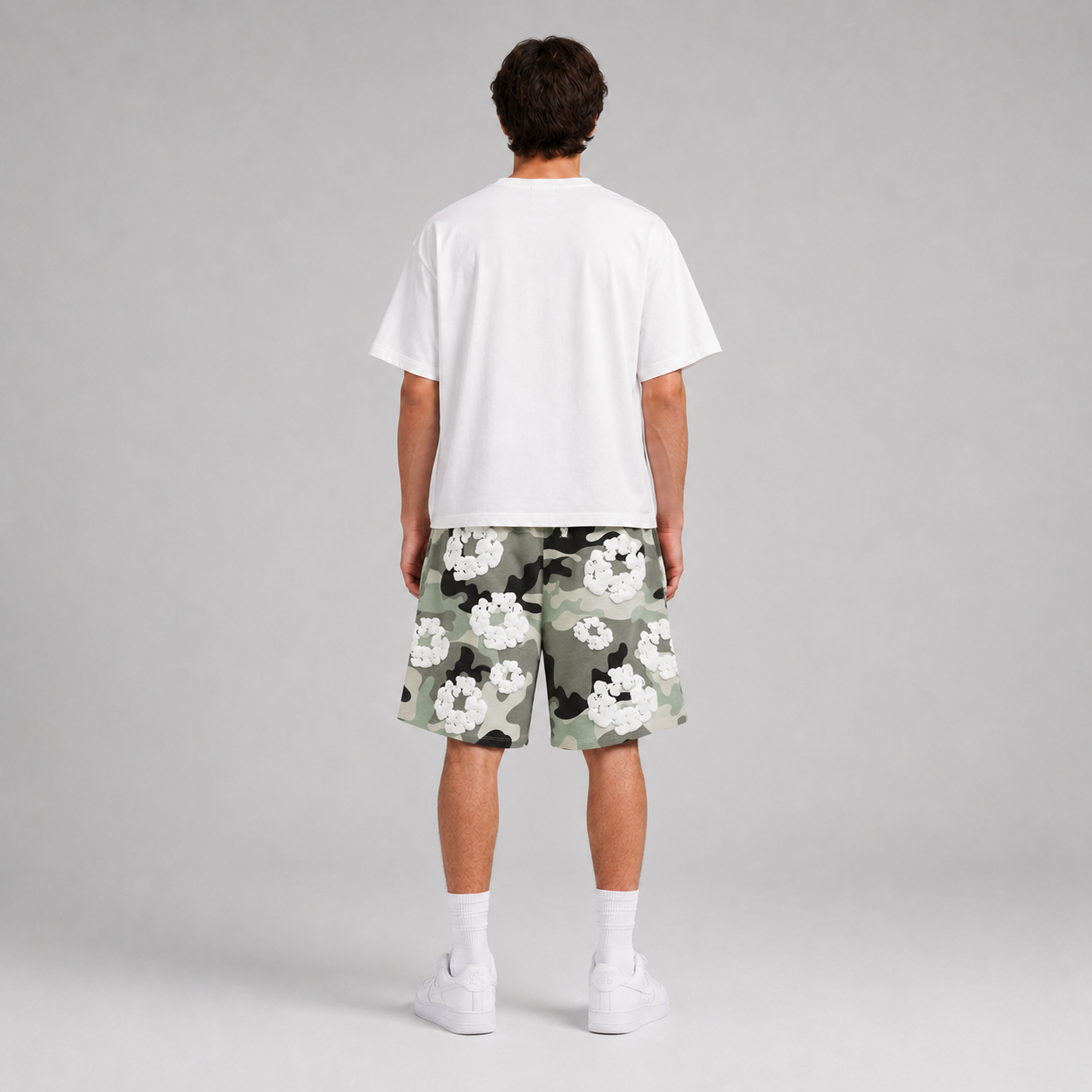 Grey Camo White Floral cotton shorts - side view