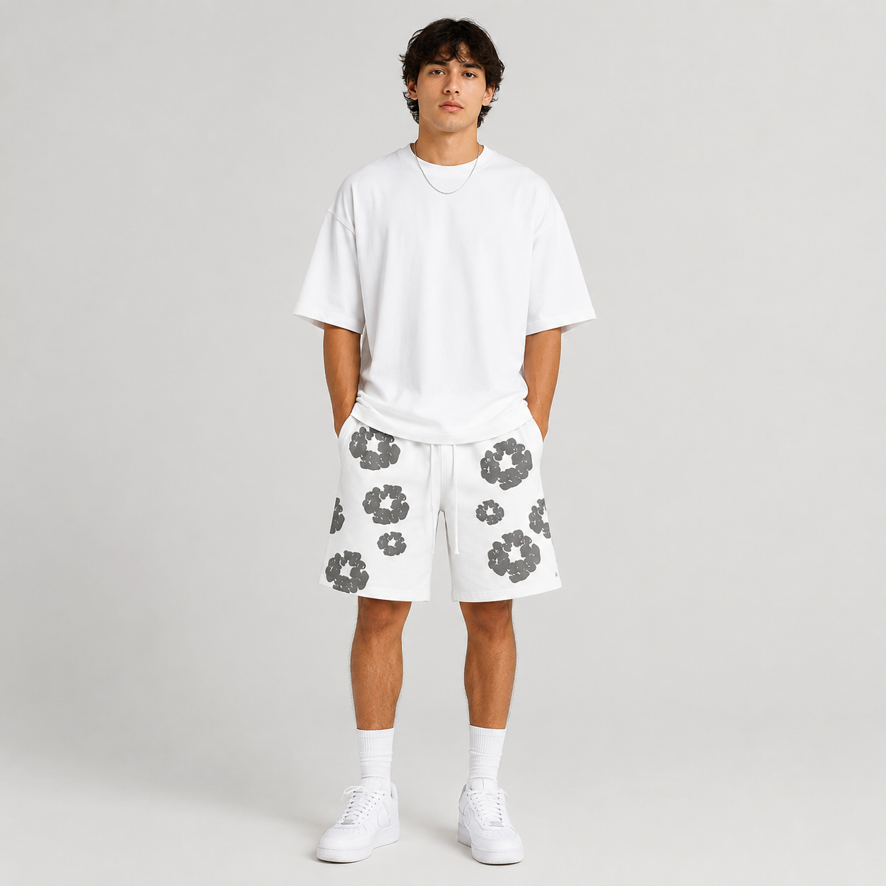 White Grey Puff Floral cotton shorts - front angle view