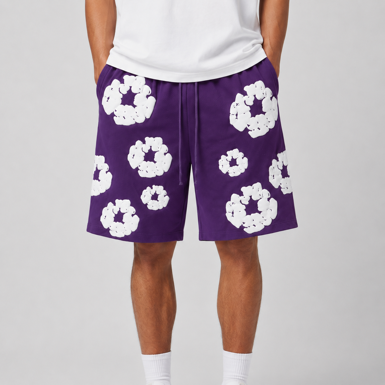Purple White Floral cotton shorts - back angle view