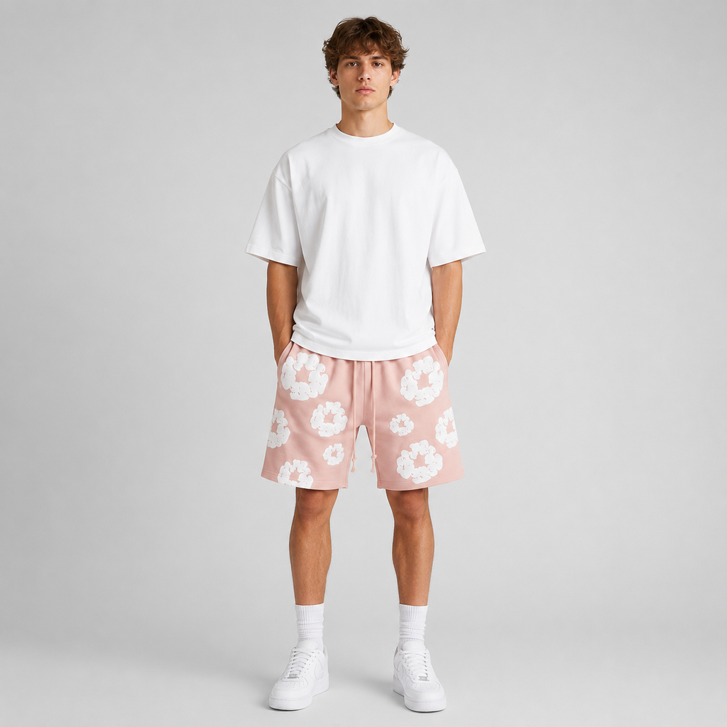 Peach Camo Black Floral cotton shorts - front angle view