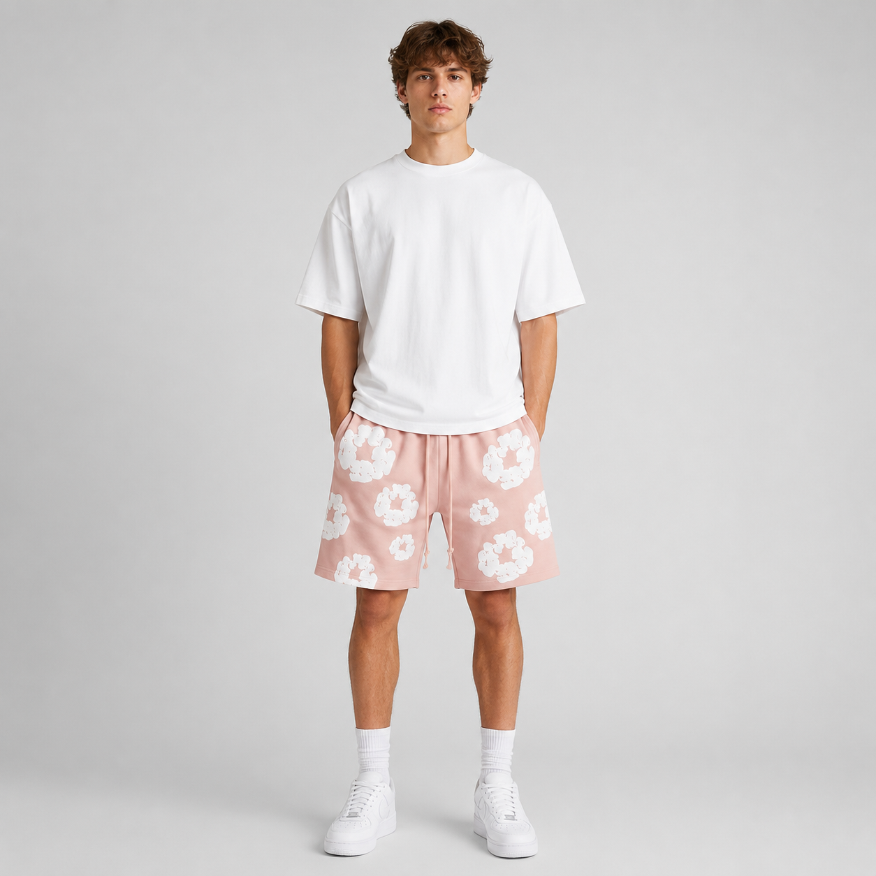 Peach Camo Black Floral cotton shorts - front angle view