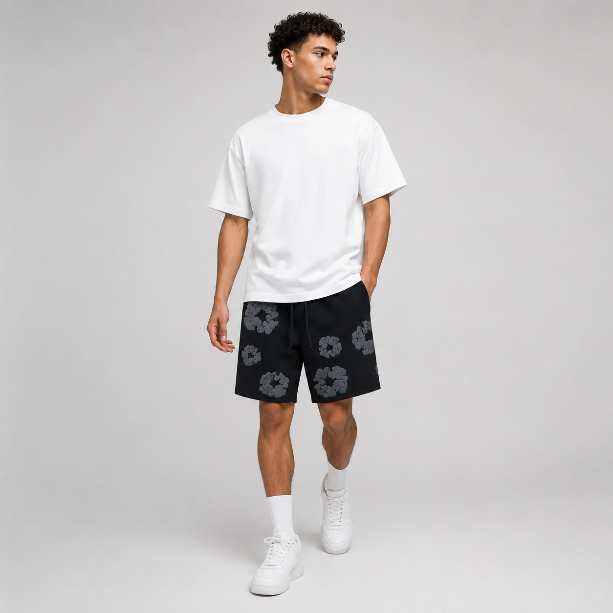 Black Grey Tonal Puff Floral cotton shorts - lifestyle view