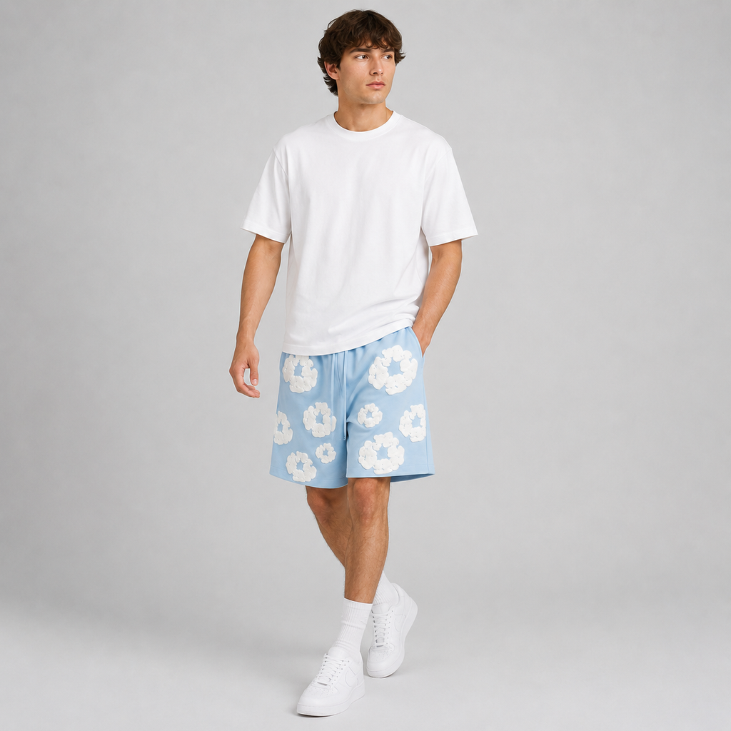 Royal Blue White Puff Floral cotton shorts - lifestyle view