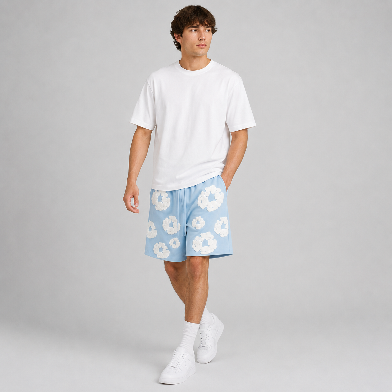 Royal Blue White Puff Floral cotton shorts - lifestyle view