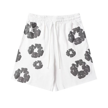 White Grey Puff Floral cotton shorts - front product view