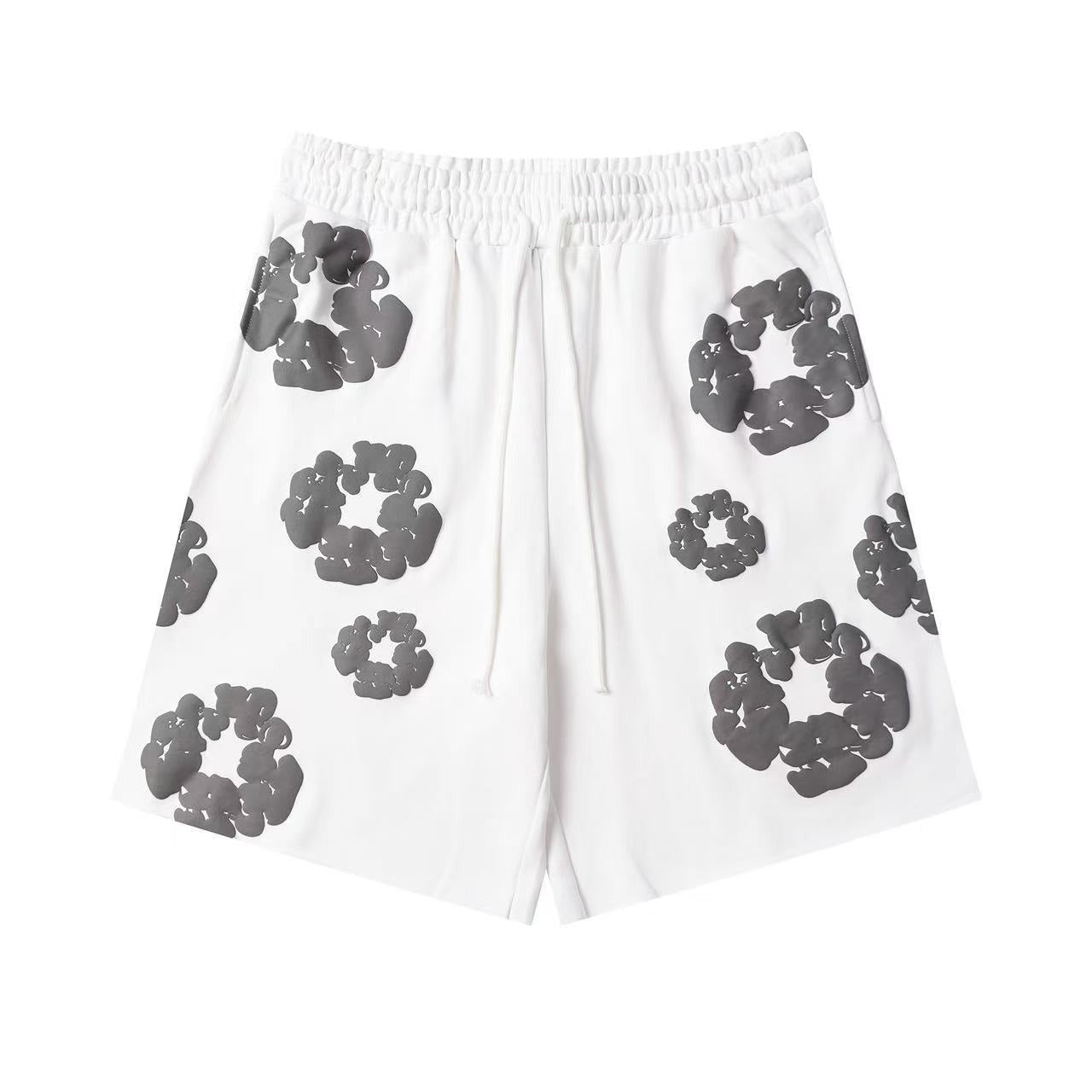 White Grey Puff Floral cotton shorts - front product view