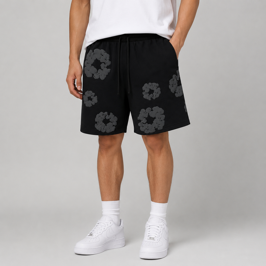 Black Grey Tonal Puff Floral cotton shorts - detail view