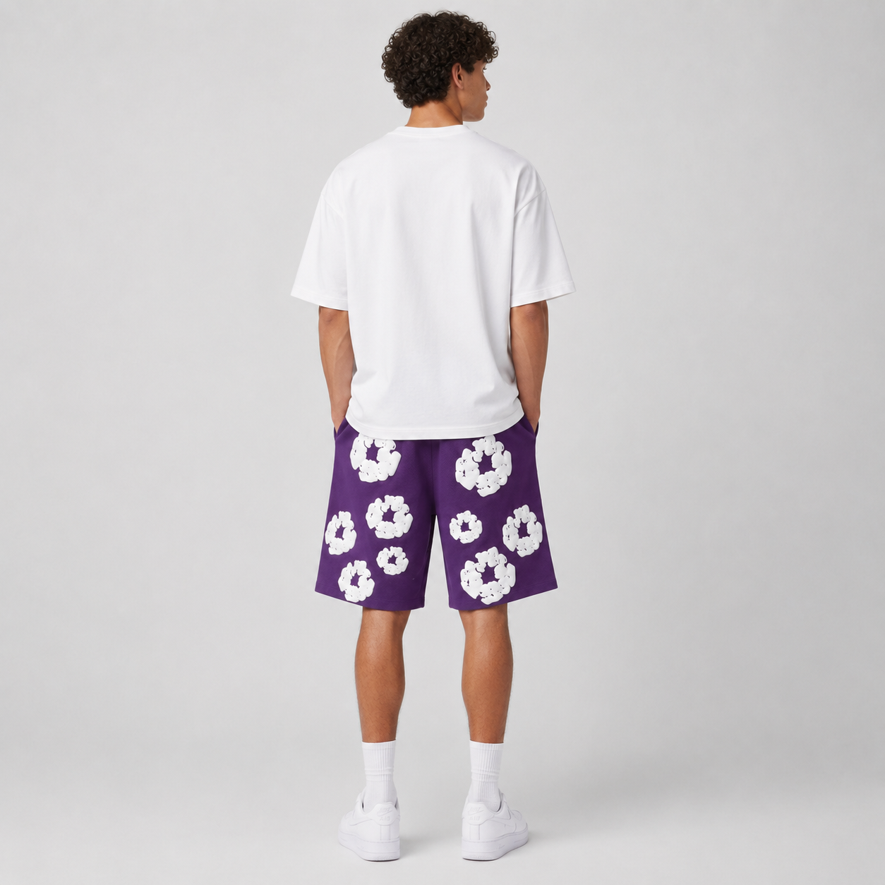 Purple White Floral cotton shorts - lifestyle view