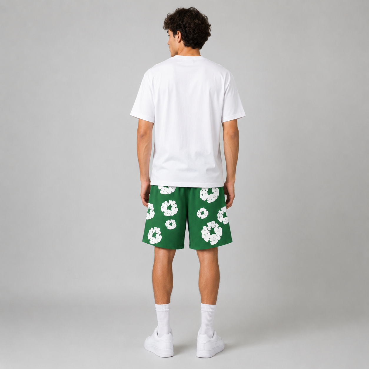 Forest Green White Floral cotton shorts - back angle view