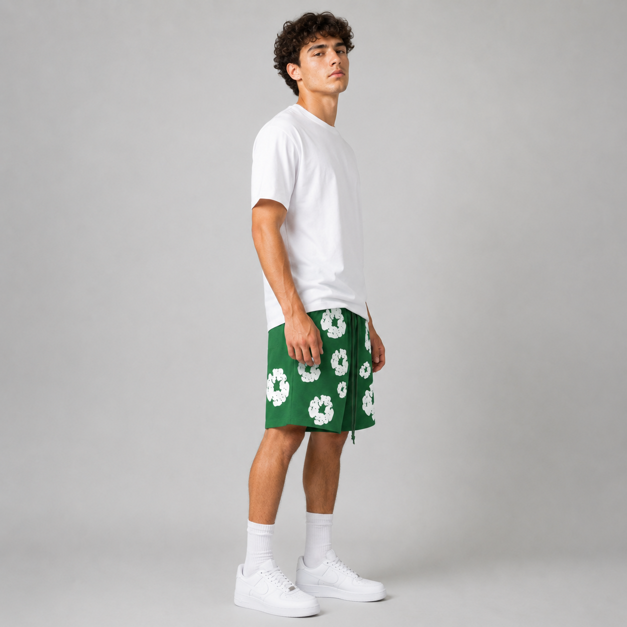 Forest Green White Floral cotton shorts - side view