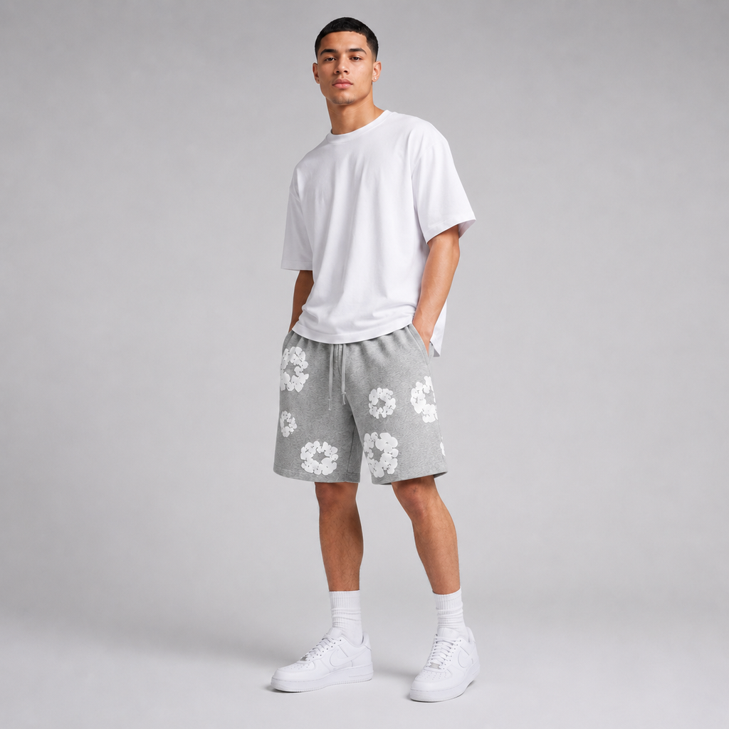 Heather Grey White Puff Floral cotton shorts - detail view