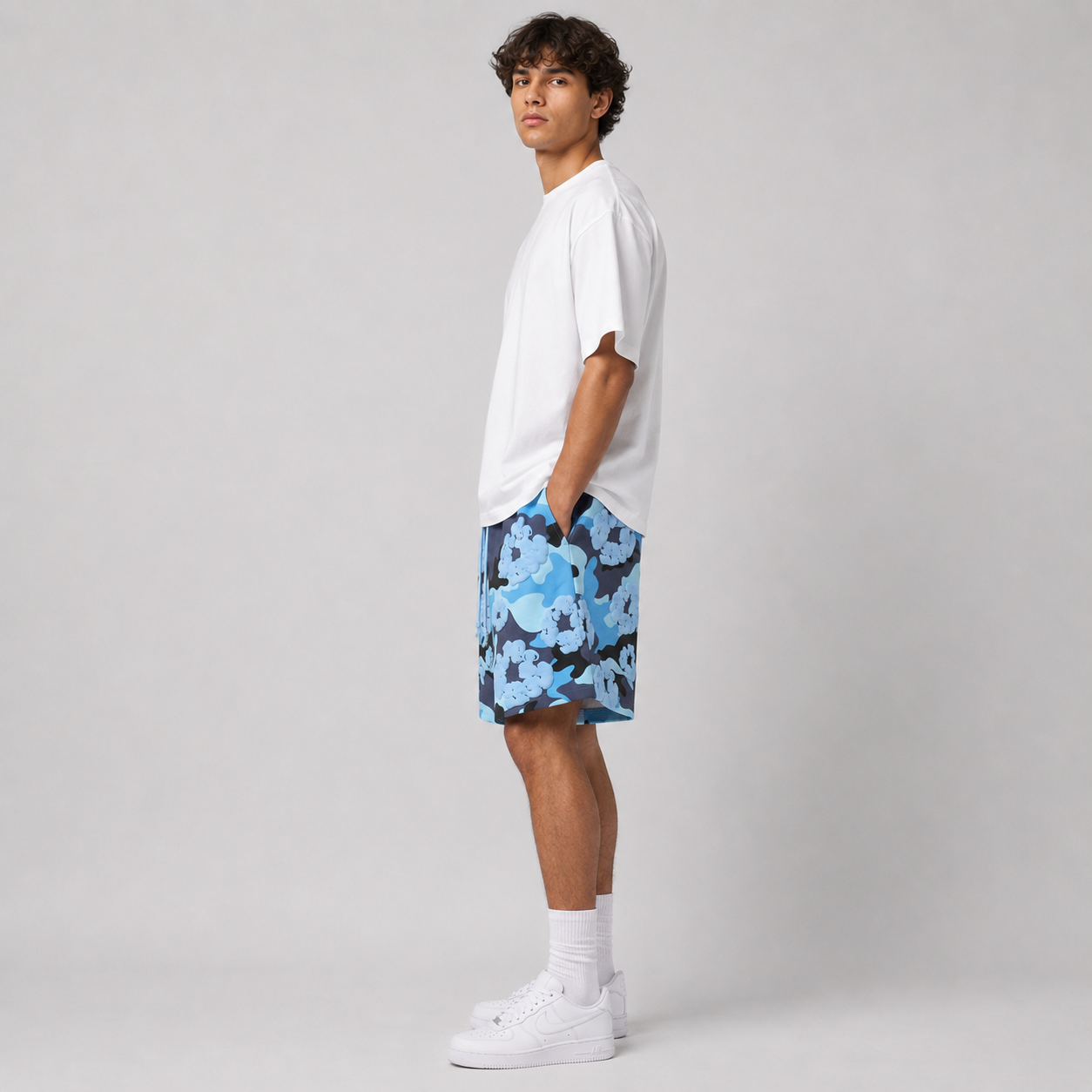 Blue Camo Black Floral cotton shorts - side view