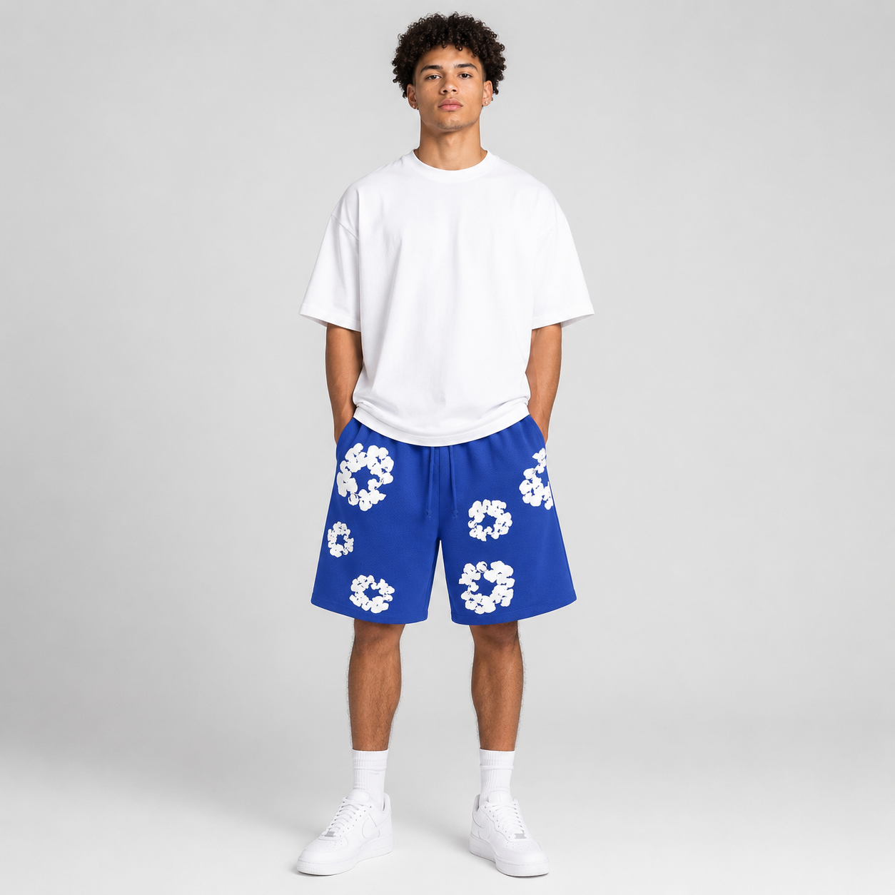Sky Blue White Floral cotton shorts - front angle view