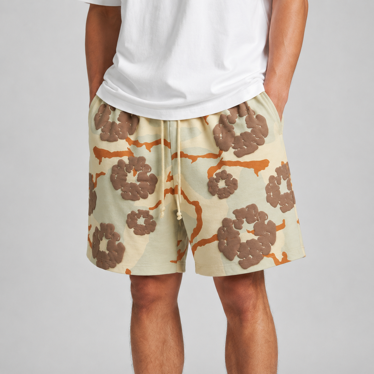Tan Brown Camo Graphic cotton shorts - back angle view