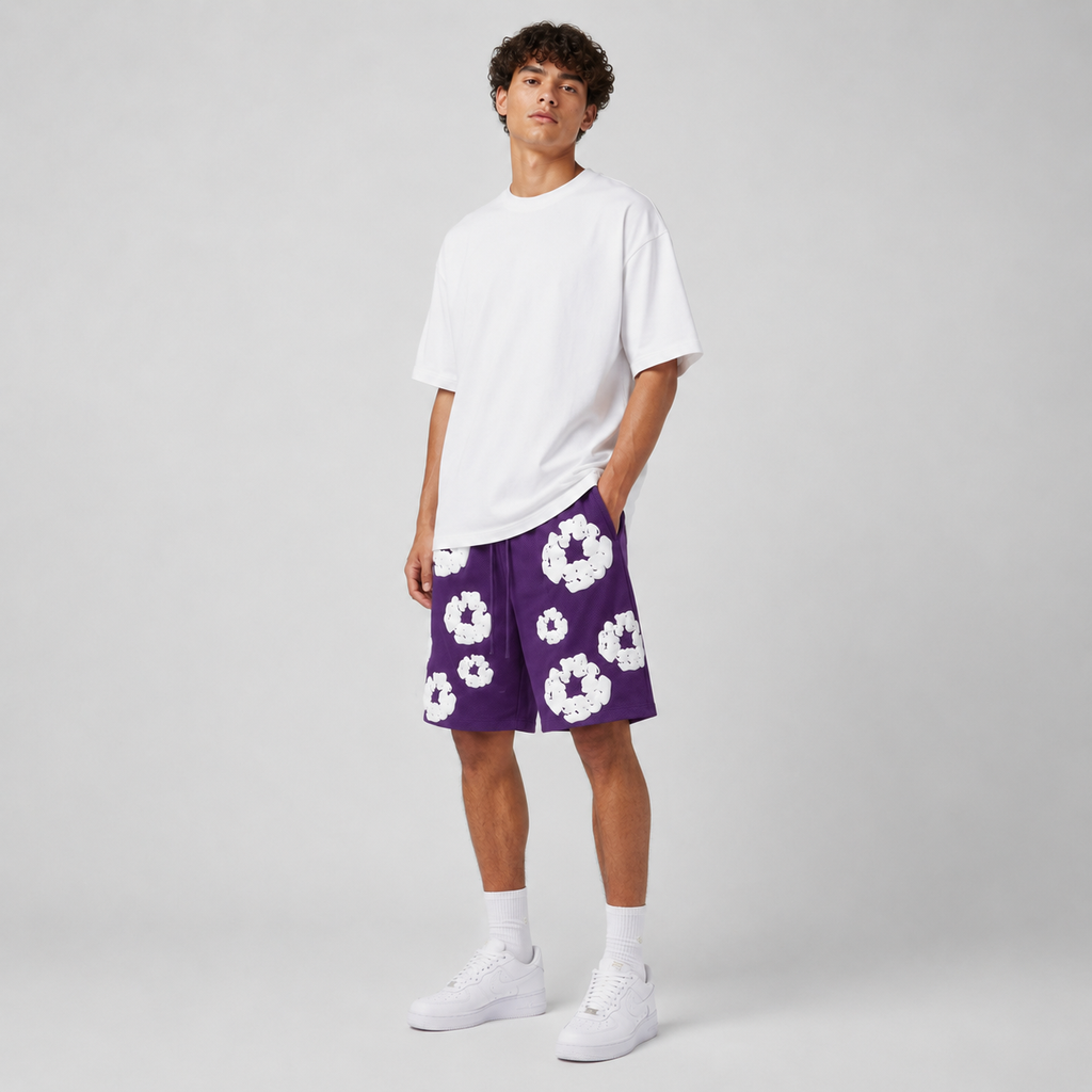 Purple White Floral cotton shorts - detail view