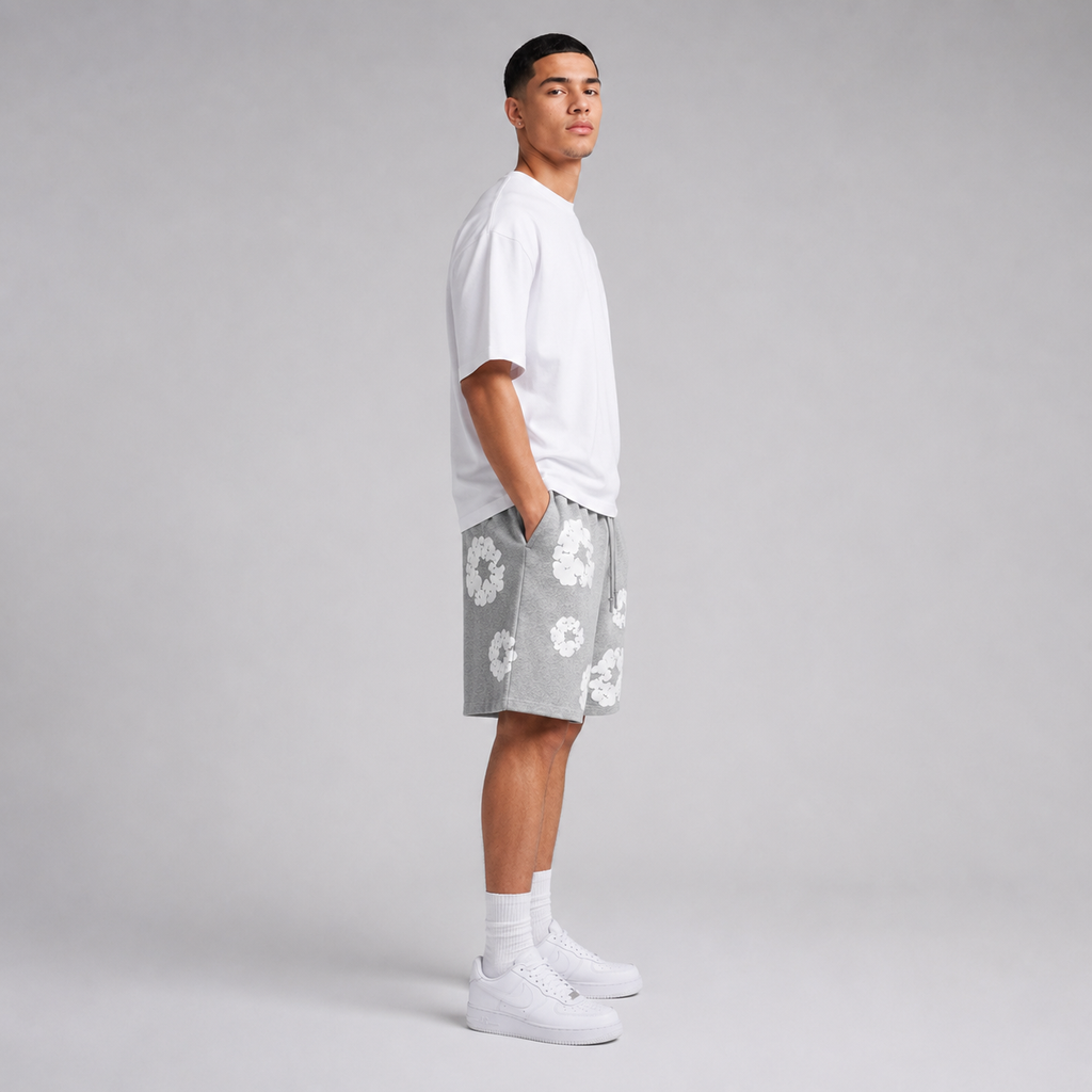 Heather Grey White Puff Floral cotton shorts - back angle view