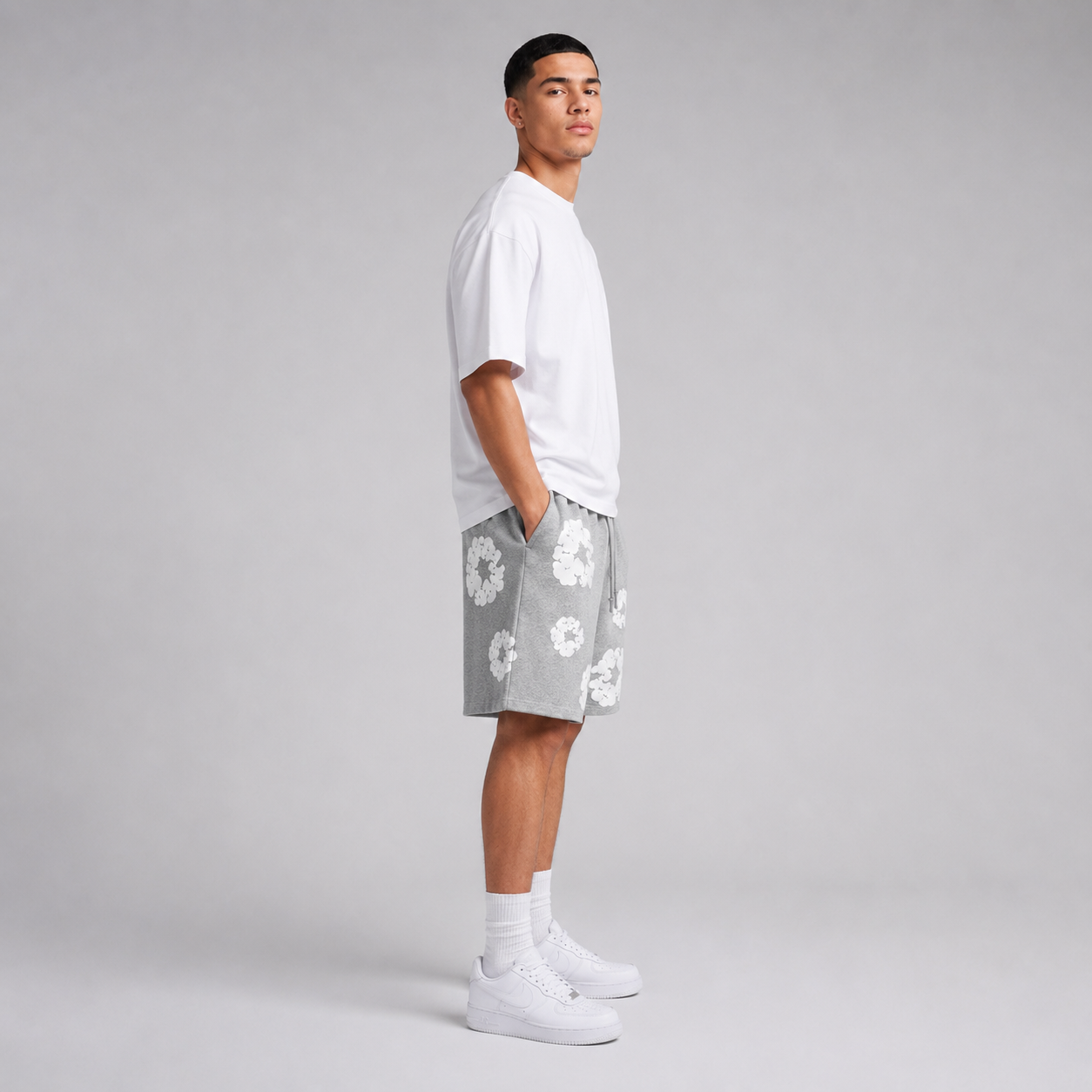 Heather Grey White Puff Floral cotton shorts - back angle view