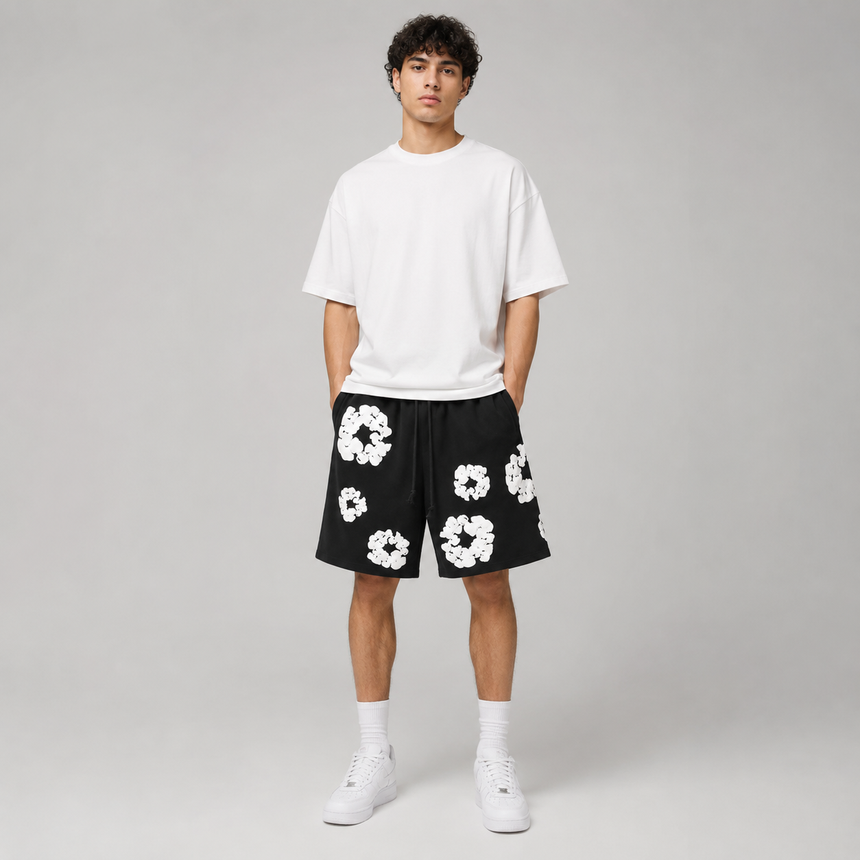Black White Puff Floral cotton shorts - front angle view