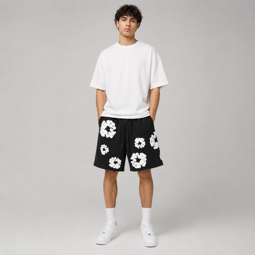 Black White Puff Floral cotton shorts - front angle view