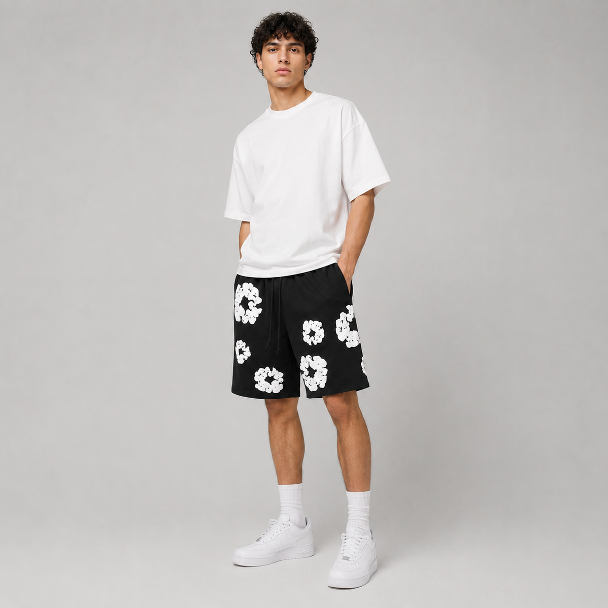 Black White Puff Floral cotton shorts - detail view