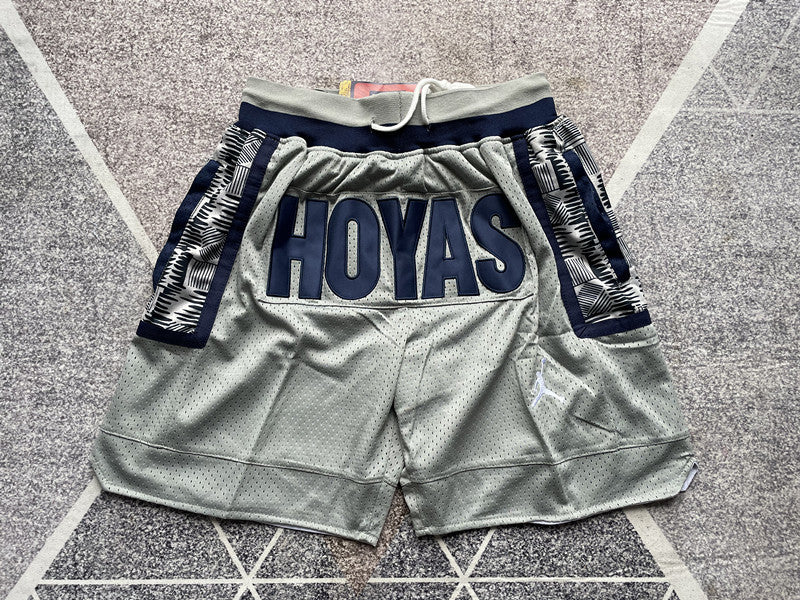 Gray Georgetown premium basketball shorts, full front view