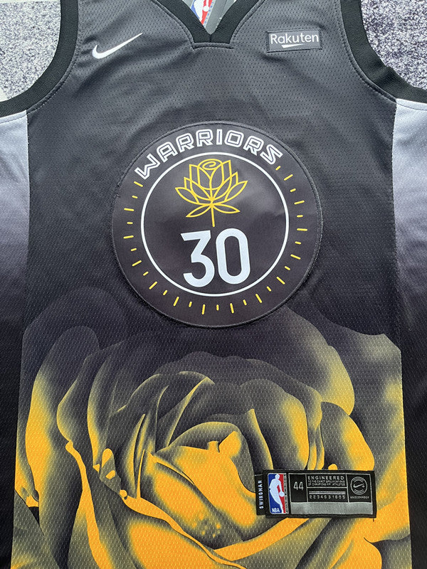 Black Golden State Warriors basketball jersey, front graphic detail