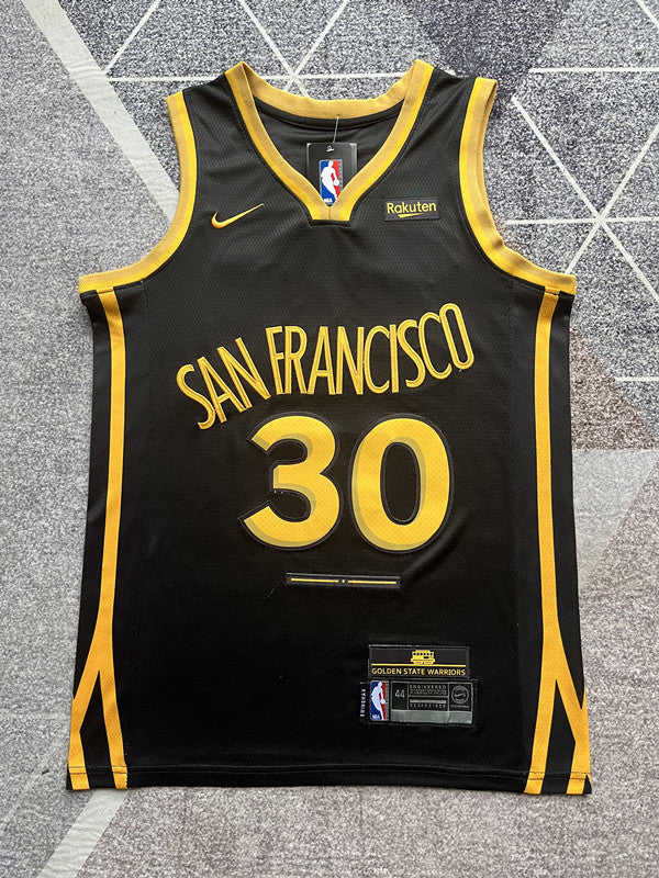Black Golden State Warriors basketball jersey, full front view
