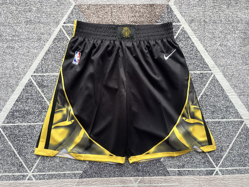Black Golden State Warriors basketball shorts, full front view