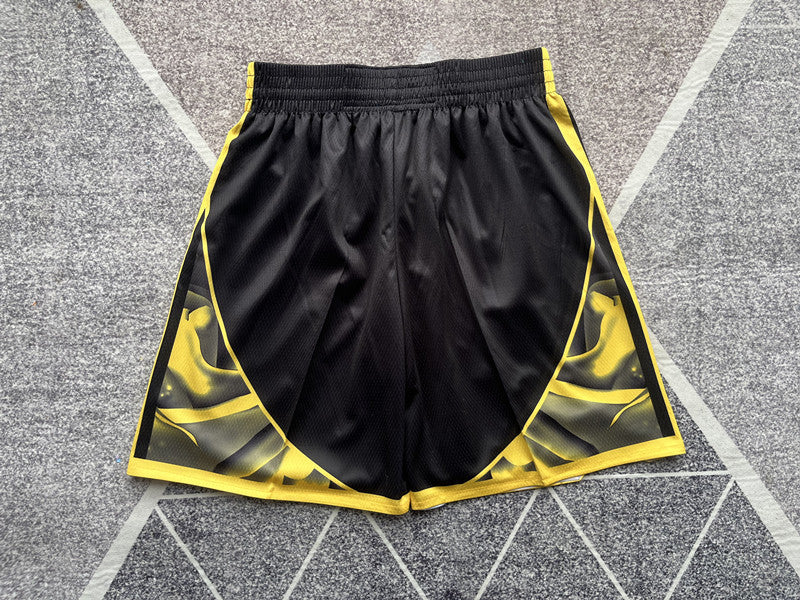 Black Golden State Warriors basketball shorts, full back view