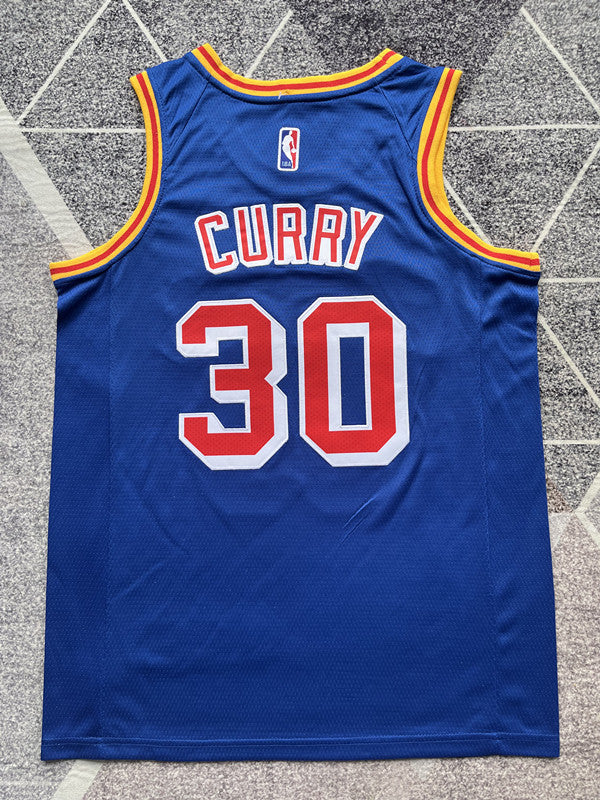 Blue Golden State Warriors basketball jersey, full back view