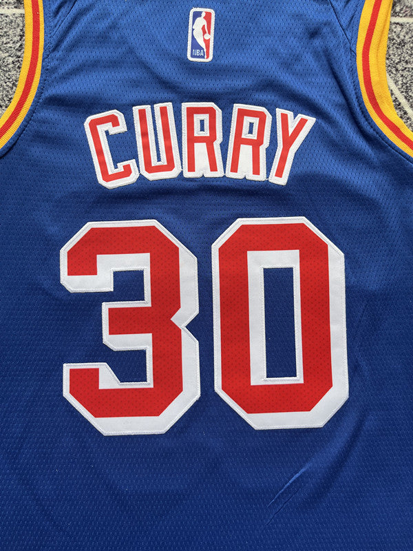 Blue Golden State Warriors basketball jersey, back lettering and number detail