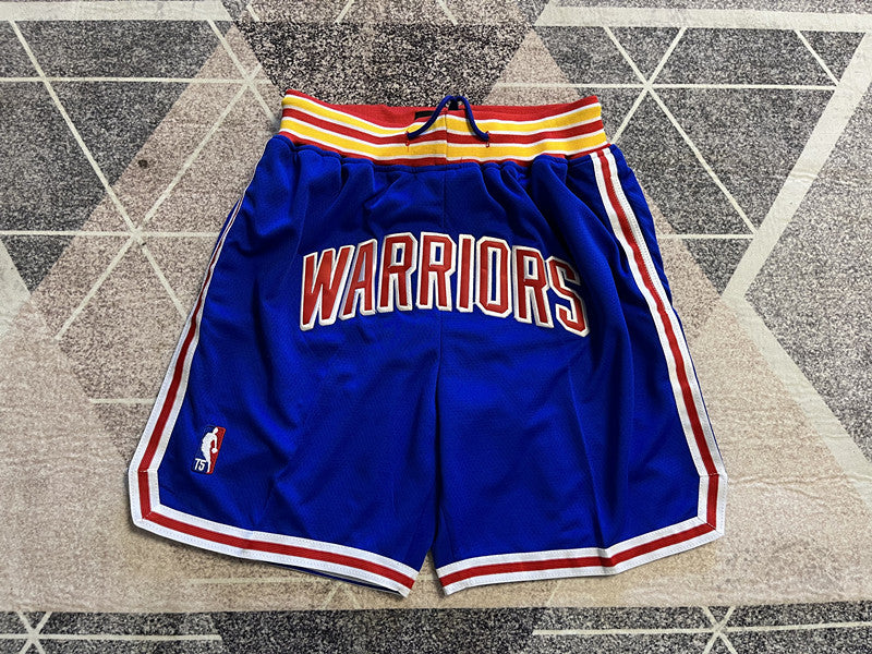 Blue Golden State Warriors premium basketball shorts, full front view
