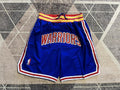 Blue Golden State Warriors premium basketball shorts, full front view
