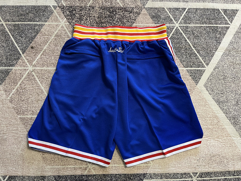 Blue Golden State Warriors premium basketball shorts, full back view