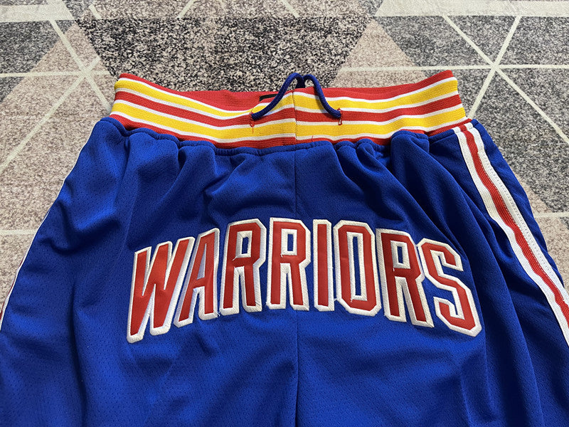 Blue Golden State Warriors premium basketball shorts, graphic detail