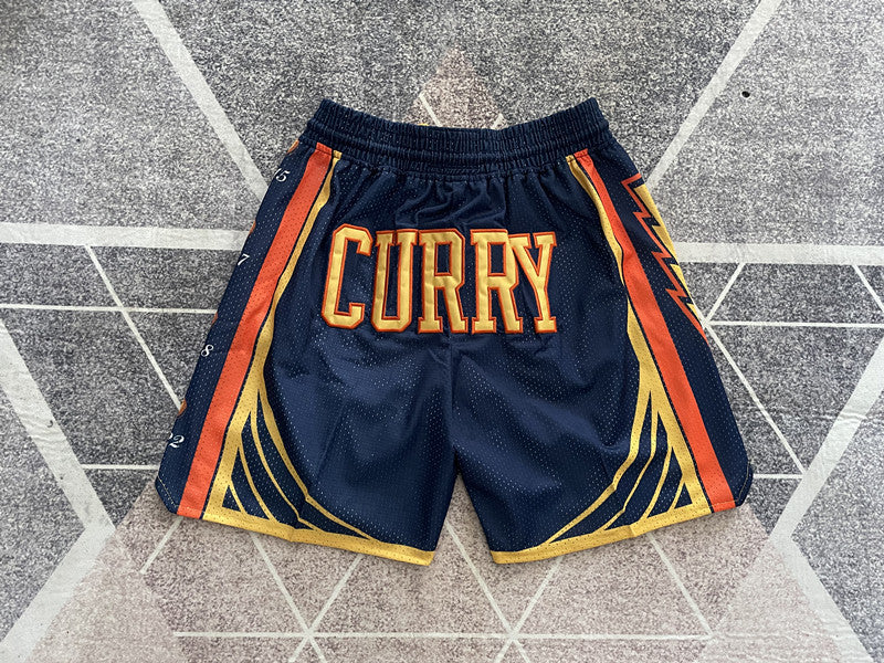 Blue Golden State Warriors premium basketball shorts, full back view