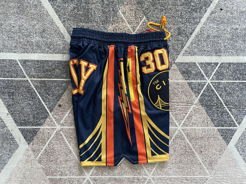 Blue Golden State Warriors premium basketball shorts, side panel detail