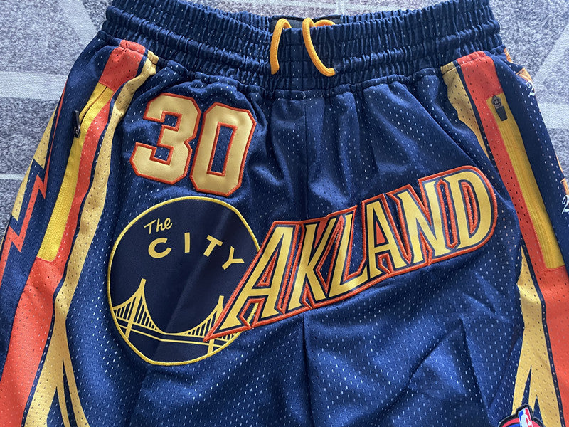 Blue Golden State Warriors premium basketball shorts, graphic detail
